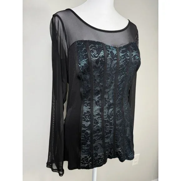 Vintage Black Sheer Corset Lace Long Sleeve Top Fairy Grunge Whimsigoth Sexy L - Picture 4 of 10